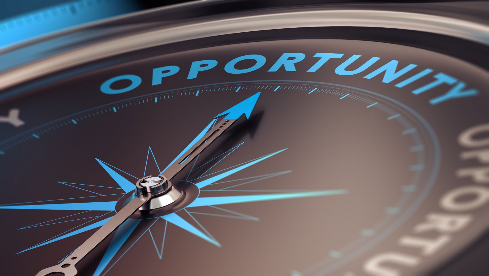 A black and blue compass with an arrow pointing to the word opportunity