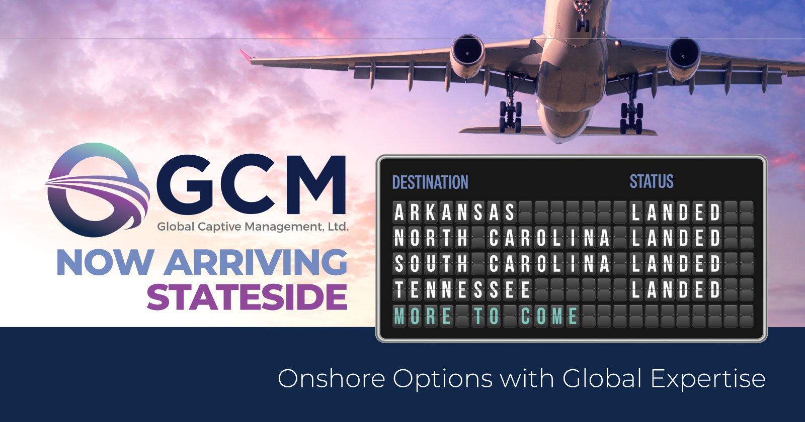 Airport graphic of GCM's approved US states displayed as all landed on an airport sign.